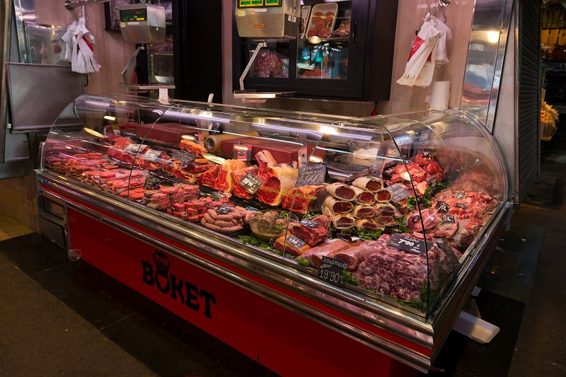 Barcelona (Catalonia, Spain) Meat Stand at La Boqueria, Barcelona