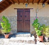 Wooden Door and Geranium Pots, Kakopetria, Cyprus