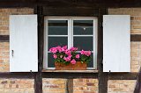 White Window and Pink Geraniums, Open Air Museum of Alsace, Ungersheim, France