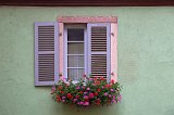 Purple Window and Geranium Flowers, Turckheim, Alsace, France