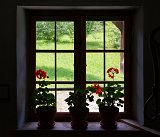 Geraniums Pots by the Window, Glentleiten Open Air Museum, Großweil, Germany