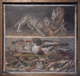 Cat biting a Fowl , Ducks, Birds, Fish and Shellfish mosaic in House of the Faun, Pompeii