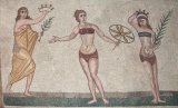Mosaic floor in Villa Romana del Casale - detail of the bikini girls mosaic