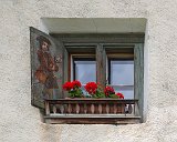 Decorated Window and Geraniums, Sparsels, Graubünden, Switzerland
