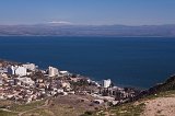 Panoramic view of Tiberias and the Sea of Galilee (Mount Hermon is in the background)