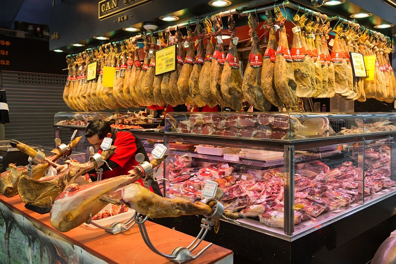 Jamón Ibérico (ham from the Black Iberian pig) for sale at La Boqueria, Barcelona | Barcelona (Catalonia, Spain) (IMG_7633.jpg)