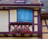Blue Window with an Inscription in Alsatian, Eguisheim, Alsace, France